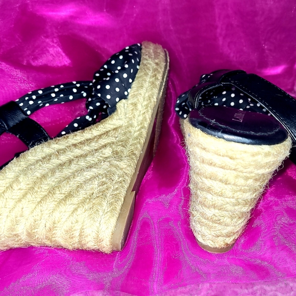 LAURA ASHLEY 8B 38 WEDGED SANDLES BLK /WHT CLOTH POKO DOT LEATHER PLATFORM SHOES - Picture 11 of 13